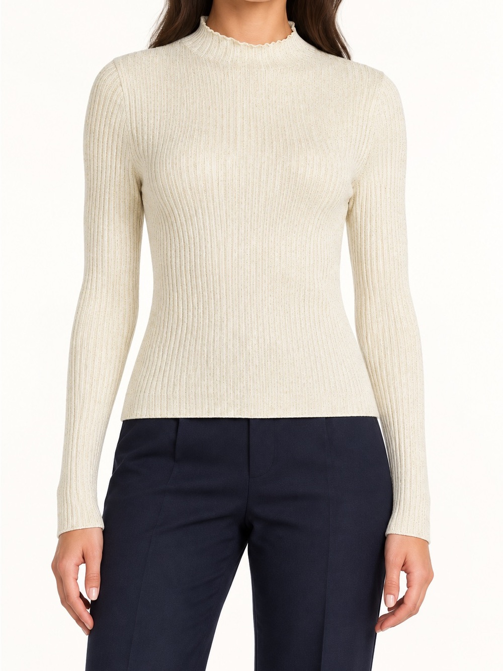 NWT J.McLaughlin Maeve Metallic Ribbed Mock Neck Sweater Cream XL $178